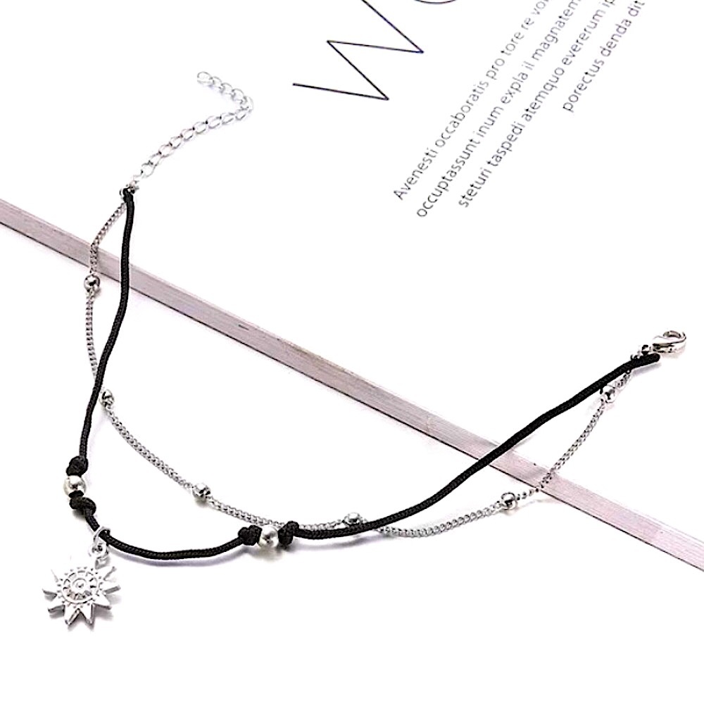 🔴𝟭𝟬/$𝟮𝟱🔴NEW 2 Layered Black Cord Sun Charm Bohemian Anklet - Picture 7 of 11